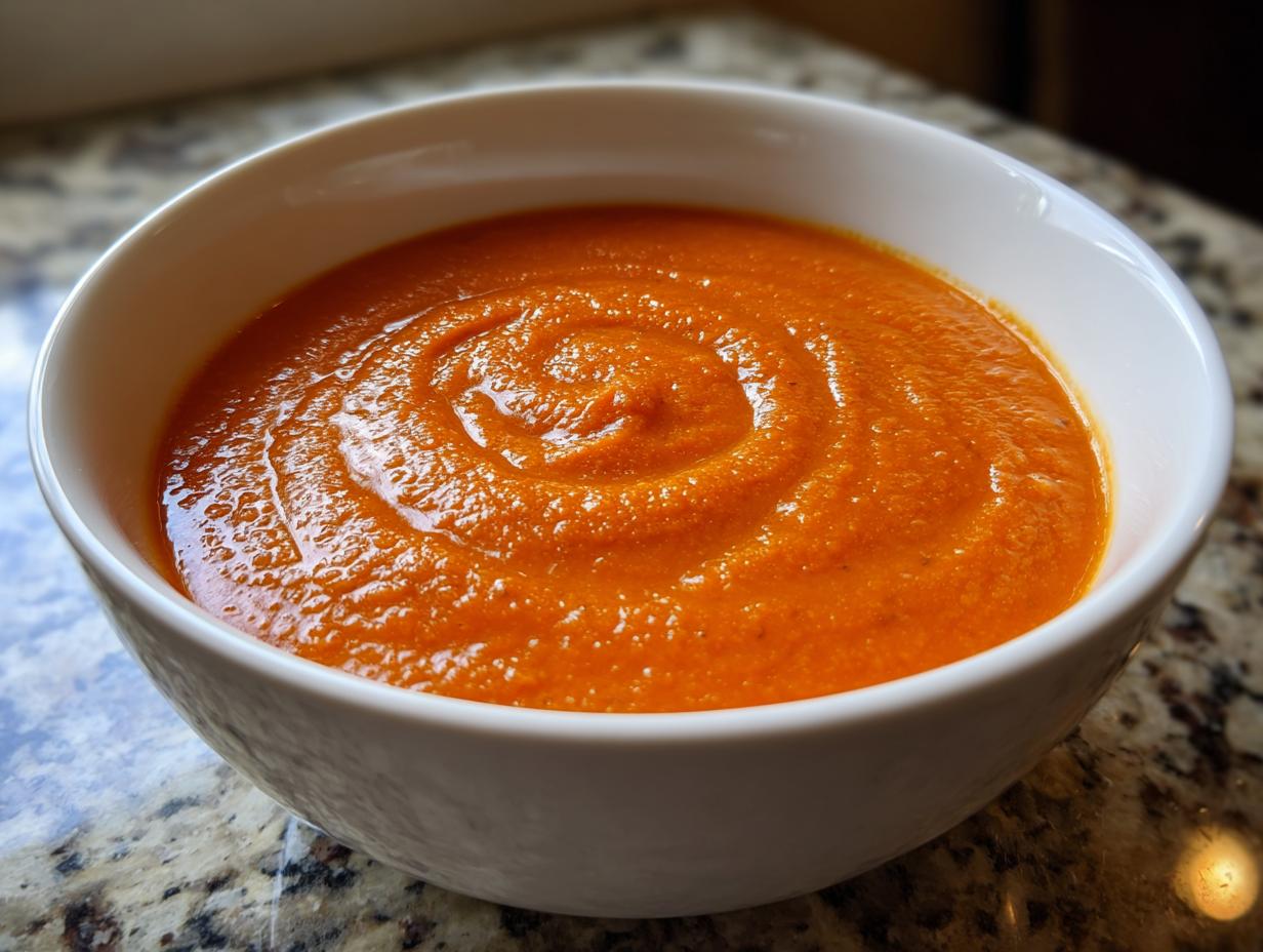 A close-up of a creamy, vibrant orange tomato bisque swirled beautifully in a white bowl.