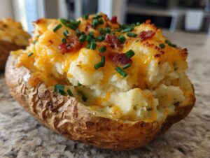A close-up view of a perfectly baked twice-baked potatoes, stuffed with creamy filling, melted cheddar cheese, bacon bits, and chives.