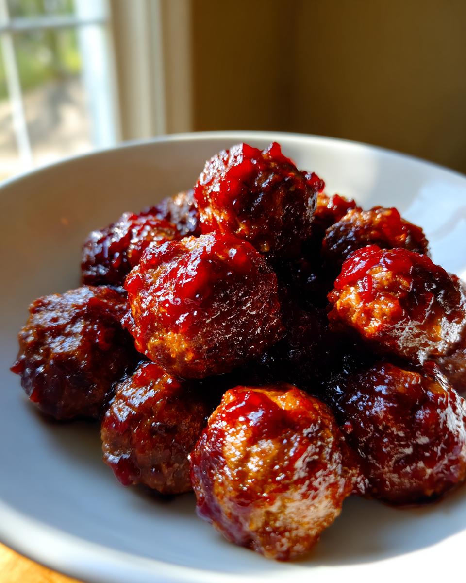 A close-up of glazed cranberry meatballs piled high in a white bowl, glistening under natural light.