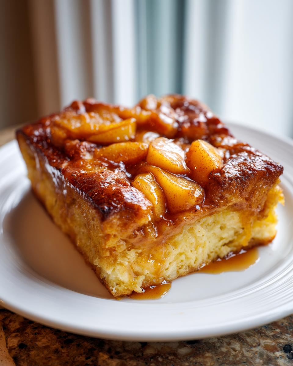A square slice of baked Apple Cinnamon French Toast topped with caramelized apple chunks and syrup.