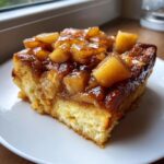 A close-up of a square serving of Apple Cinnamon French Toast topped with caramelized, spiced apple chunks.