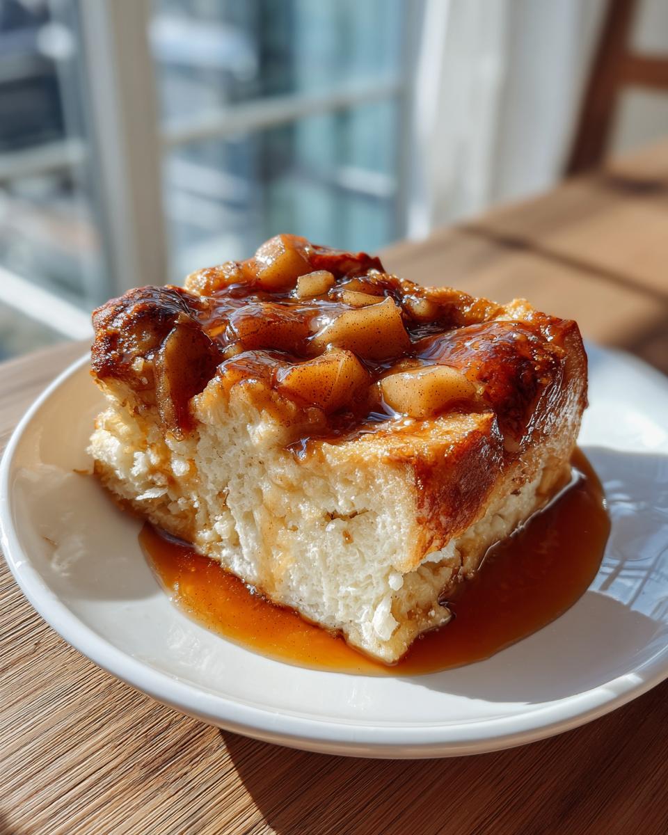 A square serving of overnight Apple Cinnamon French Toast topped with caramelized apples and syrup on a white plate.