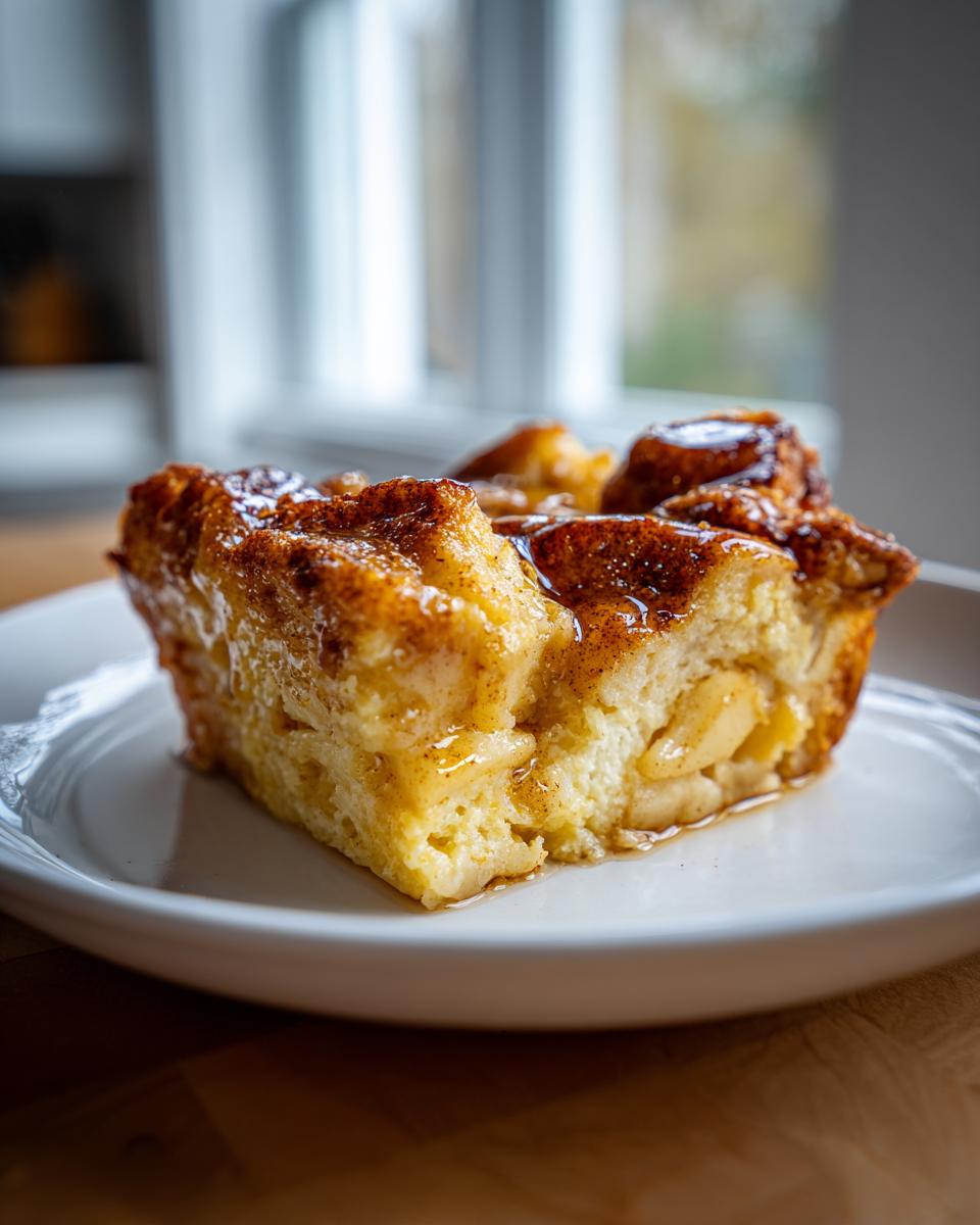A close-up of a square serving of Apple Cinnamon French Toast drizzled with syrup.
