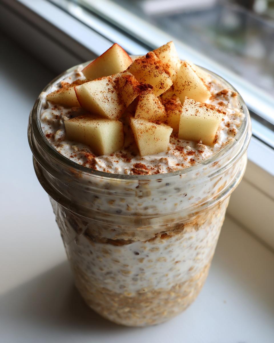 Close-up of apple cinnamon overnight oats layered in a mason jar, topped with diced apples and cinnamon.
