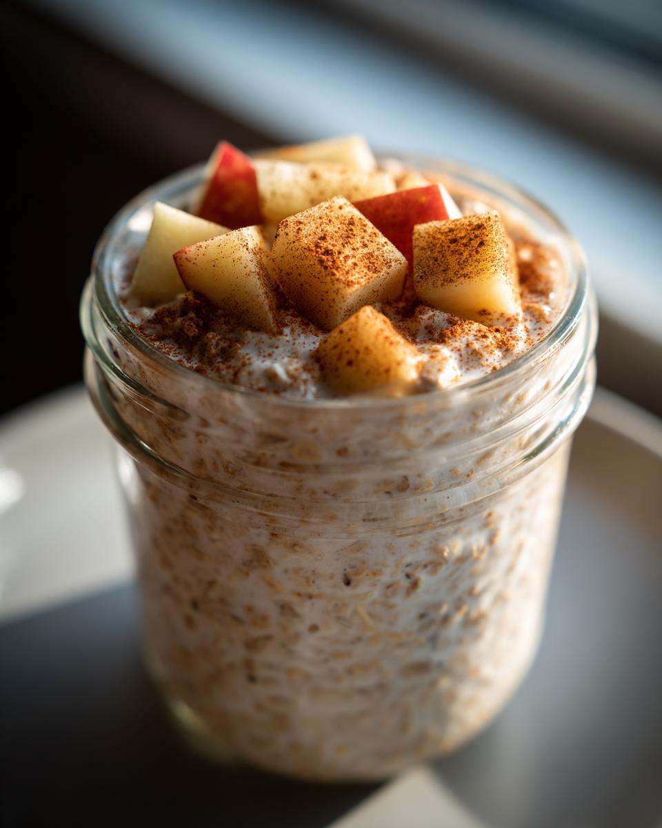Close-up of apple cinnamon overnight oats in a glass jar, topped with diced apples and cinnamon.
