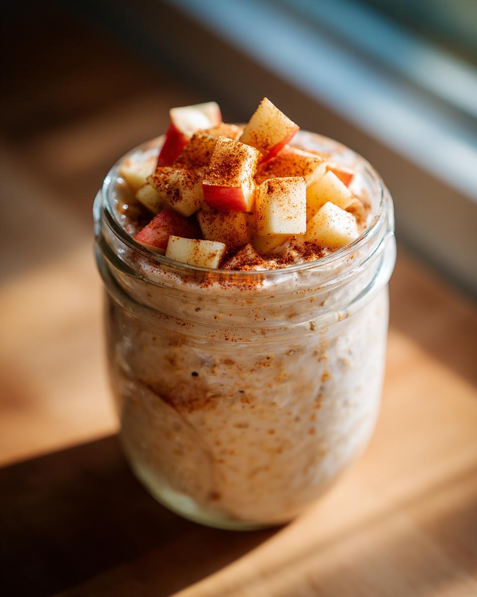 Close-up of apple cinnamon overnight oats in a mason jar, topped with diced apples and cinnamon.