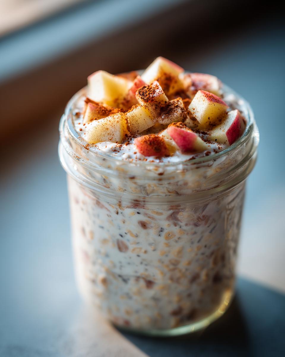 Close-up of apple cinnamon overnight oats topped with diced apples and cinnamon in a glass jar.