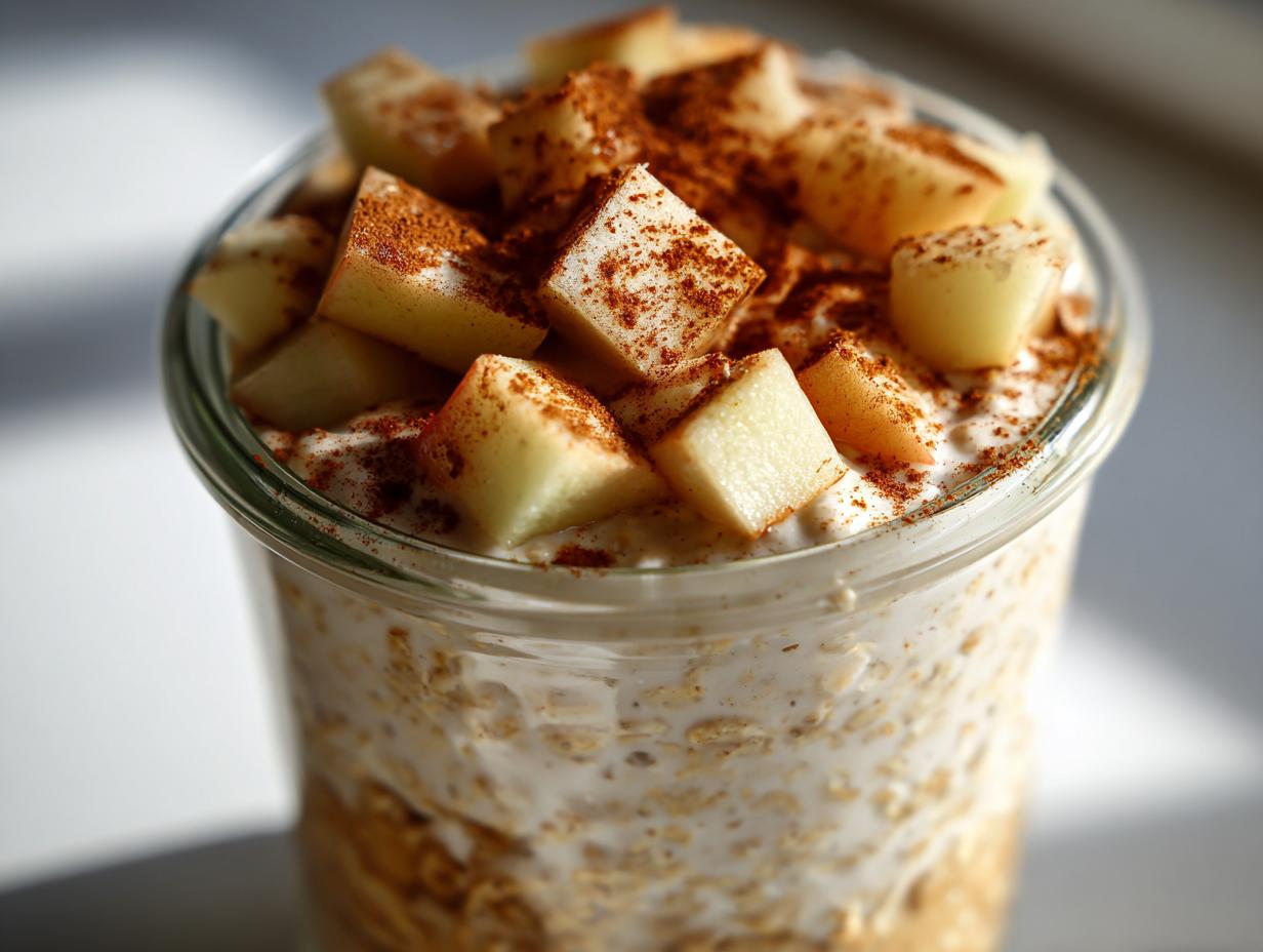 A glass jar filled with creamy apple cinnamon overnight oats, topped with diced fresh apples and sprinkled cinnamon.