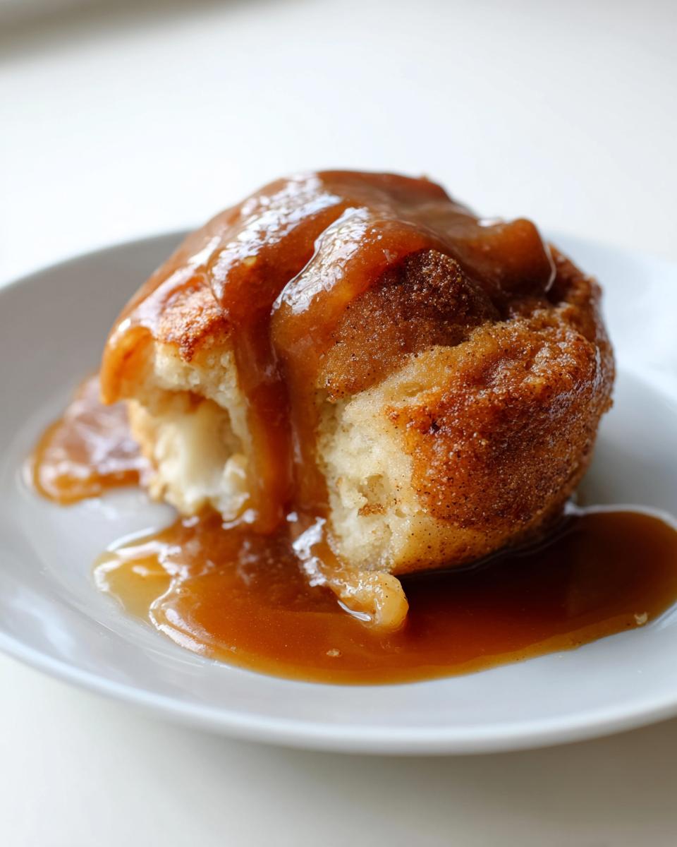 A single, golden-brown apple dumpling generously covered in rich caramel sauce, sitting on a white plate.