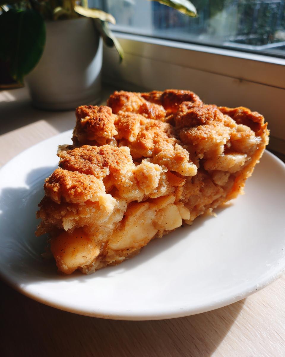A close-up slice of apple pie dump cake with a crumbly, golden topping and visible apple filling.