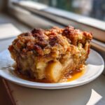 A close-up of a moist slice of apple pie dump cake with a crunchy topping, sitting in caramel sauce.