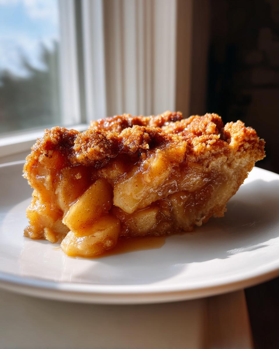 A close-up of a warm slice of apple pie dump cake with gooey filling and brown sugar crumble on a white plate.