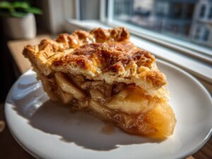 A close-up of a moist slice of apple pie dump cake showing thick apple filling and a golden, flaky crust.