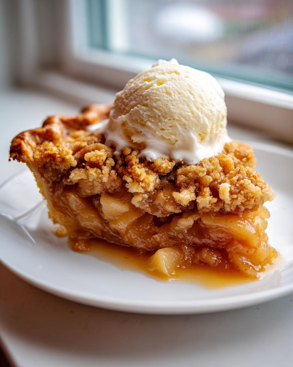 A decadent slice of apple pie dump cake topped with a scoop of melting vanilla ice cream.