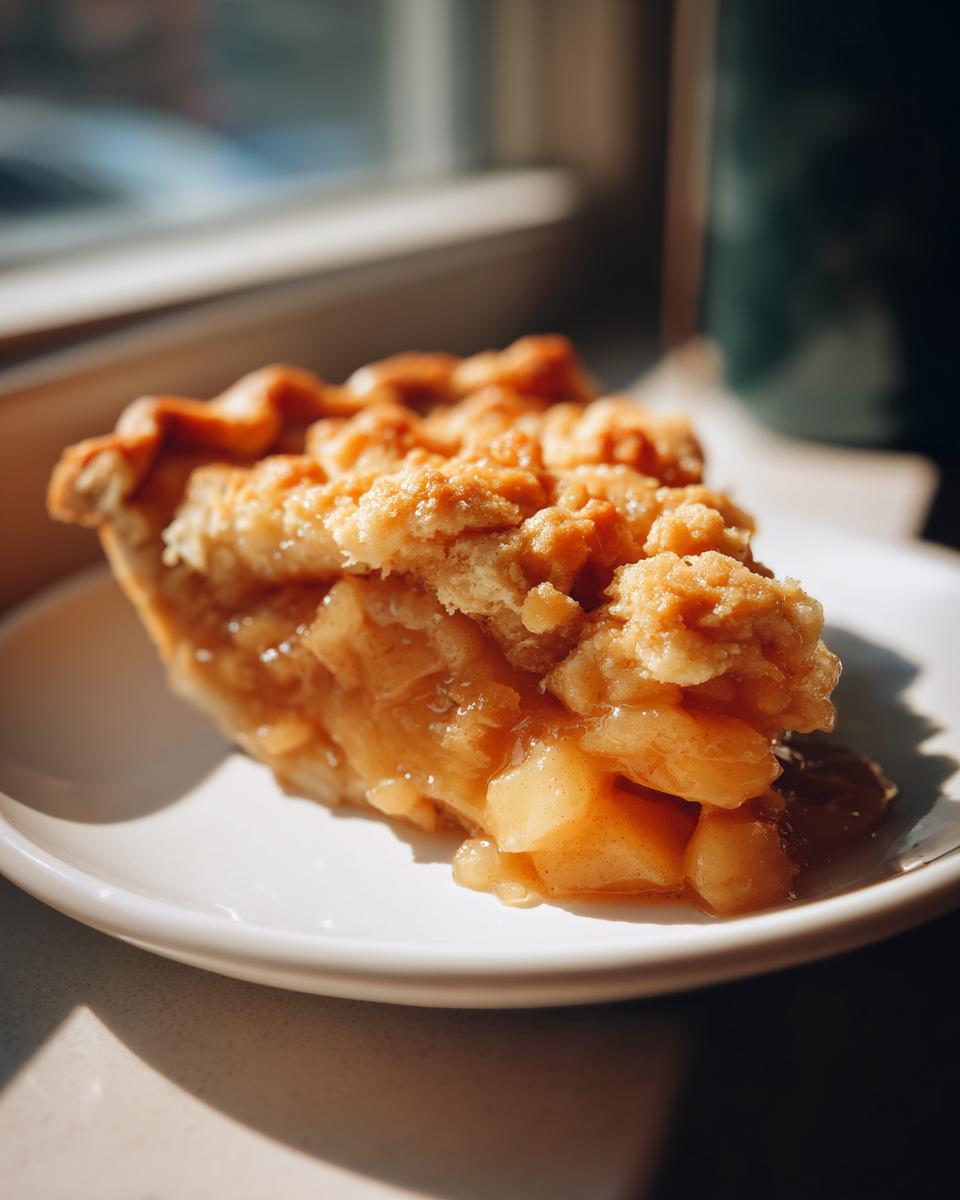 A close-up of a warm slice of apple pie dump cake showing chunky spiced apples and a crumb topping on a white plate.