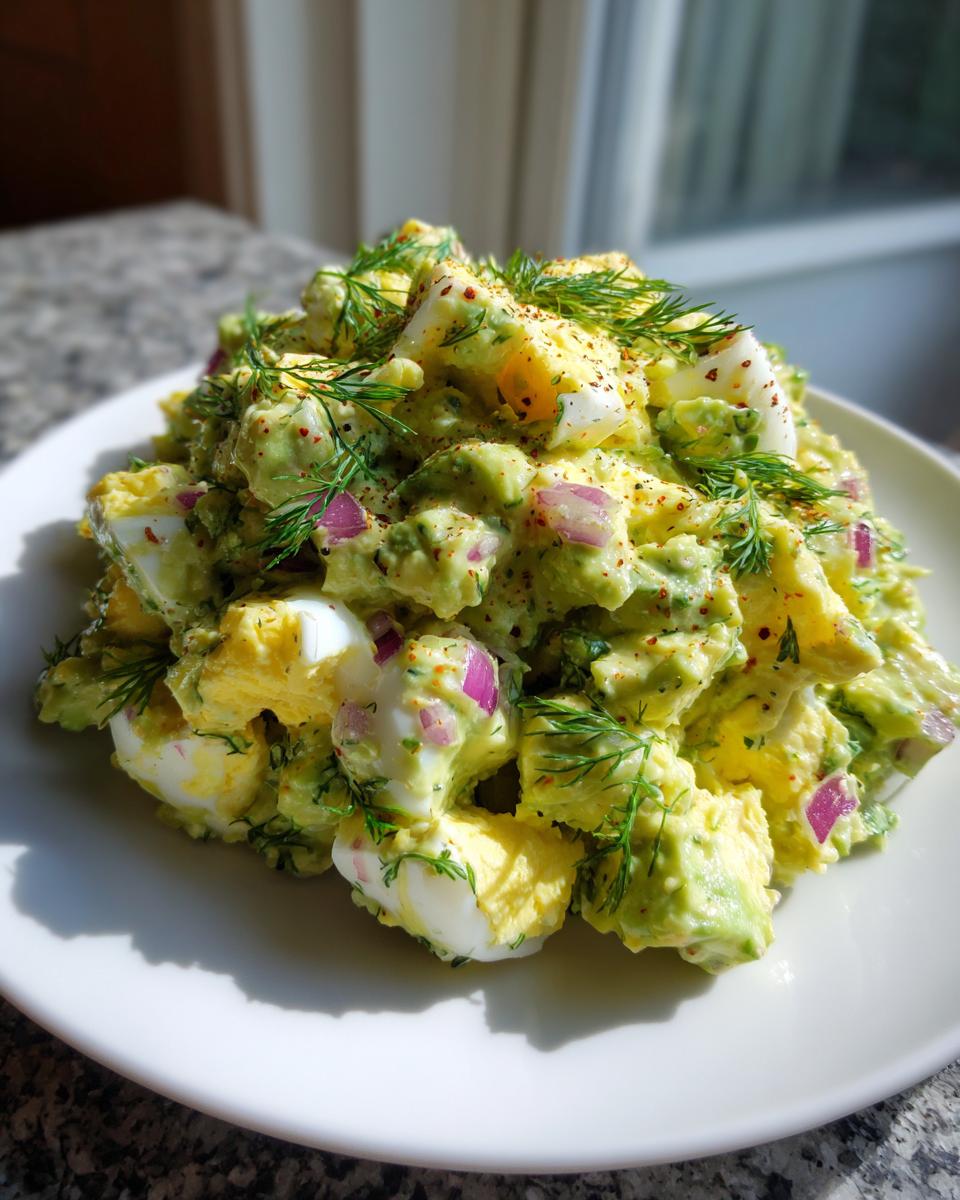 A mound of creamy avocado egg salad featuring chunks of hard-boiled egg, red onion, and fresh dill garnish.