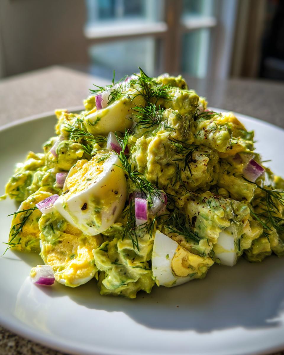 A mound of creamy avocado egg salad mixed with chopped hard-boiled eggs, red onion, and fresh dill.