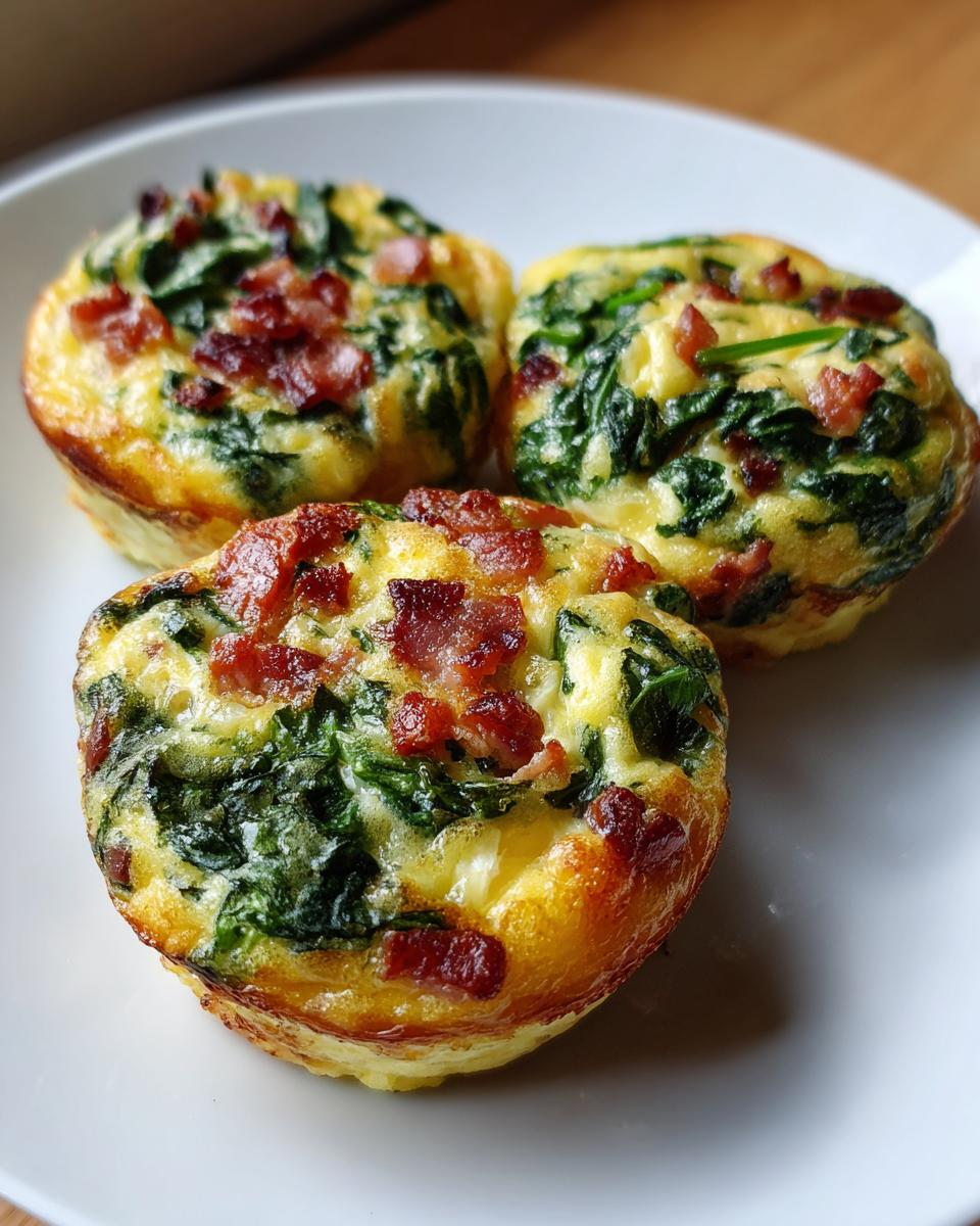 Close-up of three golden-brown mini quiche muffins packed with spinach and topped with crispy bacon bits.