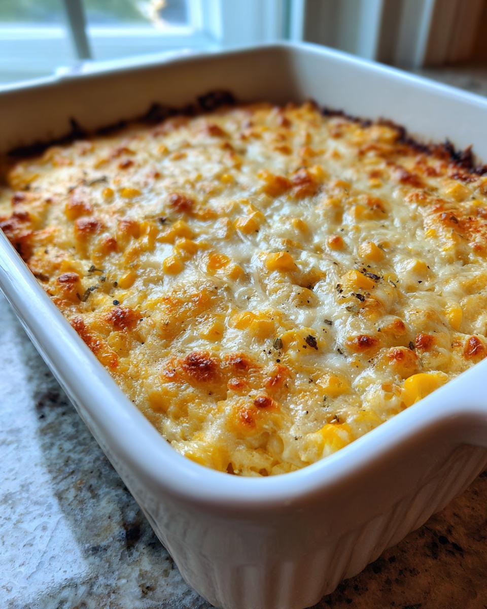 Close-up of a baked corn dip with cream cheese, featuring a bubbly, golden-brown cheese topping.