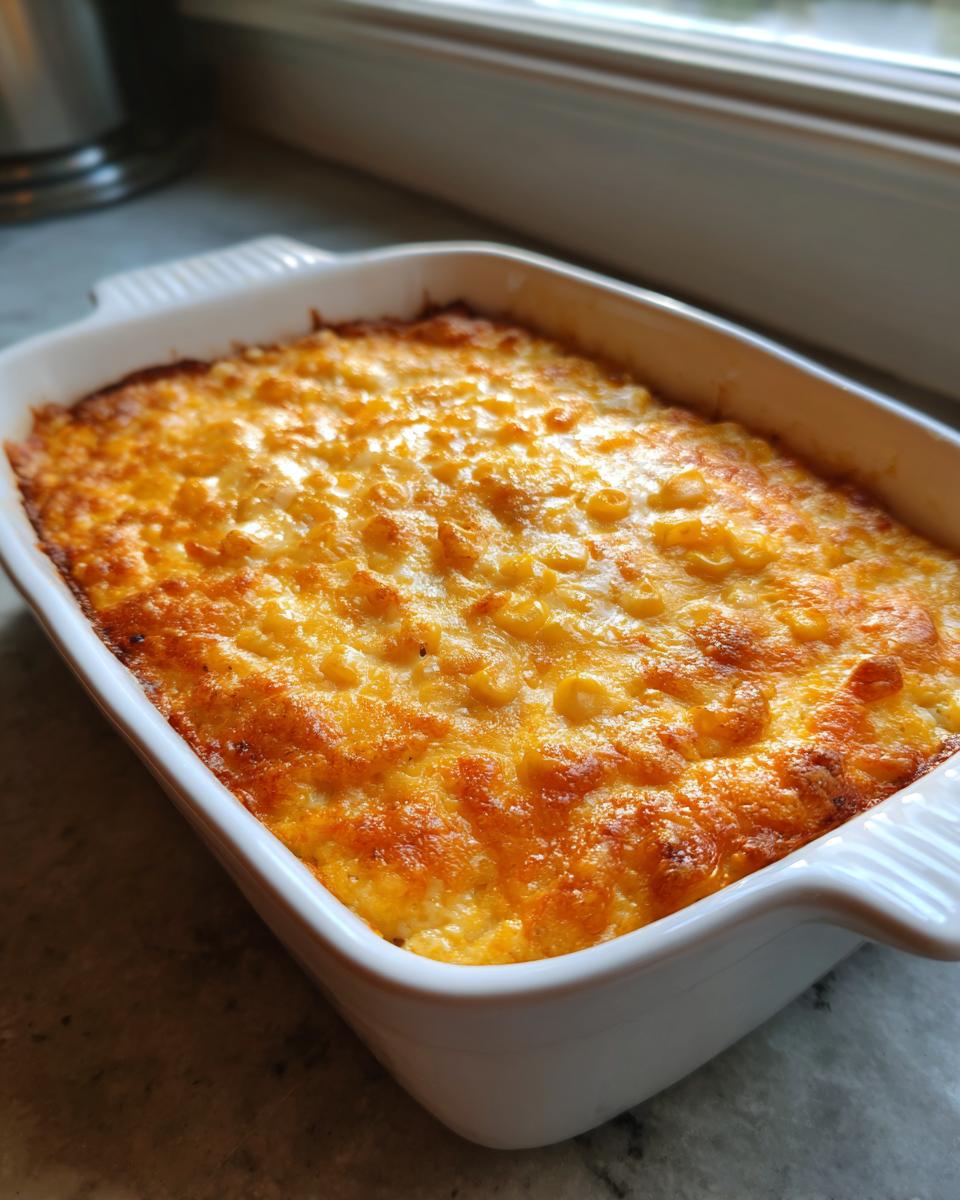 A golden-brown, baked corn dip with cream cheese topped with melted, bubbly cheese in a white rectangular baking dish.