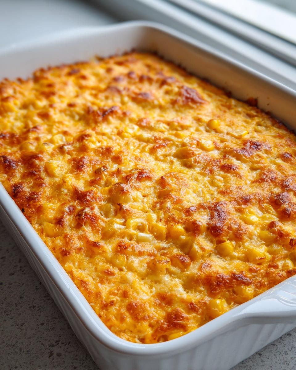 Close-up of a freshly baked, golden-brown corn dip with cream cheese in a white rectangular baking dish.