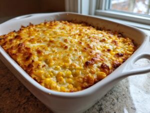 Close-up of a freshly baked corn dip with cream cheese, featuring a golden-brown, bubbly cheese topping.