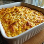 Close-up of a freshly baked corn dip with cream cheese, featuring a golden, bubbly, and slightly browned cheesy top.