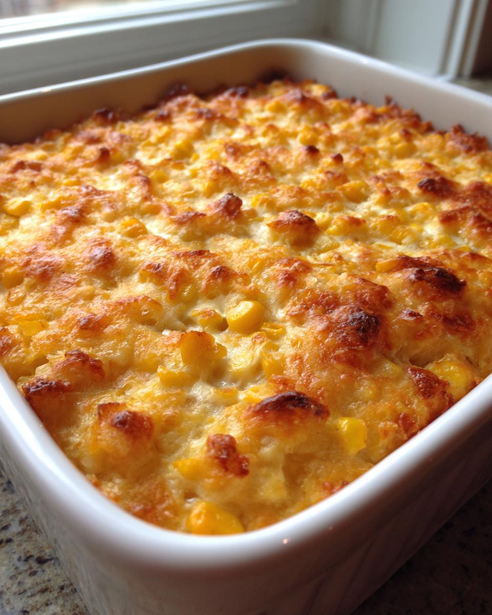 Close-up of a freshly baked corn dip with cream cheese, featuring a bubbly, golden-brown, cheesy crust.