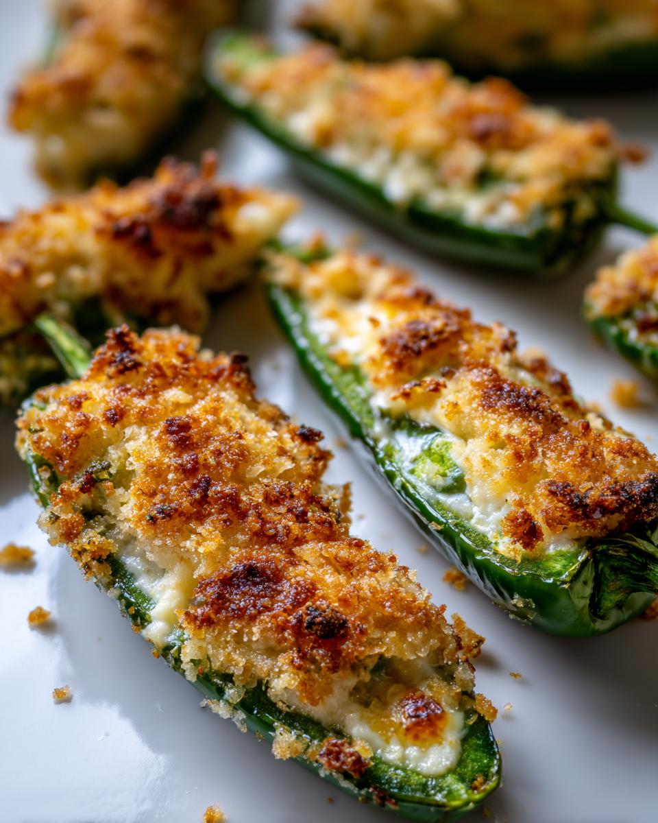 Close-up of baked Jalapeño poppers stuffed with creamy filling and topped with golden, crispy breadcrumbs.
