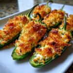 Close-up of baked jalapeño poppers stuffed with creamy filling and topped with golden brown breadcrumbs.