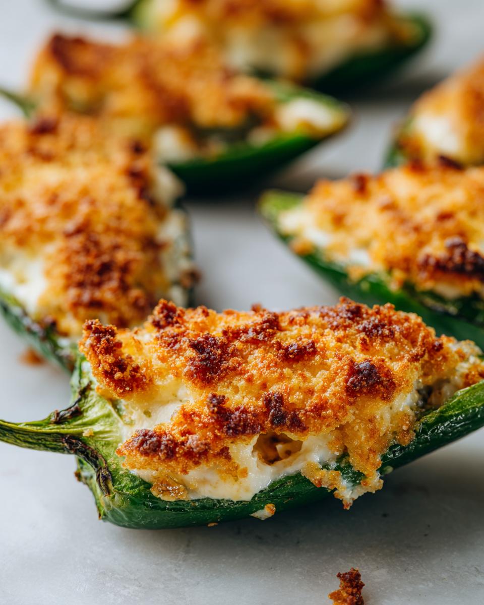 Close-up of baked jalapeño poppers stuffed with creamy filling and topped with golden-brown breadcrumbs.