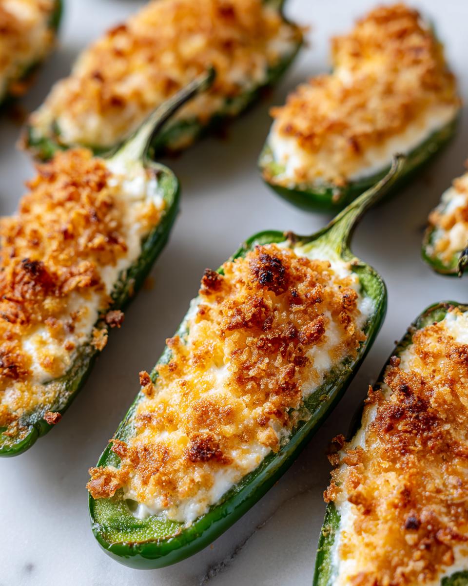 A close-up shot of several baked Jalapeño poppers filled with creamy cheese and topped with a golden, crispy breadcrumb crust.