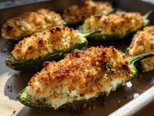 Close-up of freshly baked jalapeño poppers stuffed with creamy filling and topped with golden, crispy breadcrumbs.