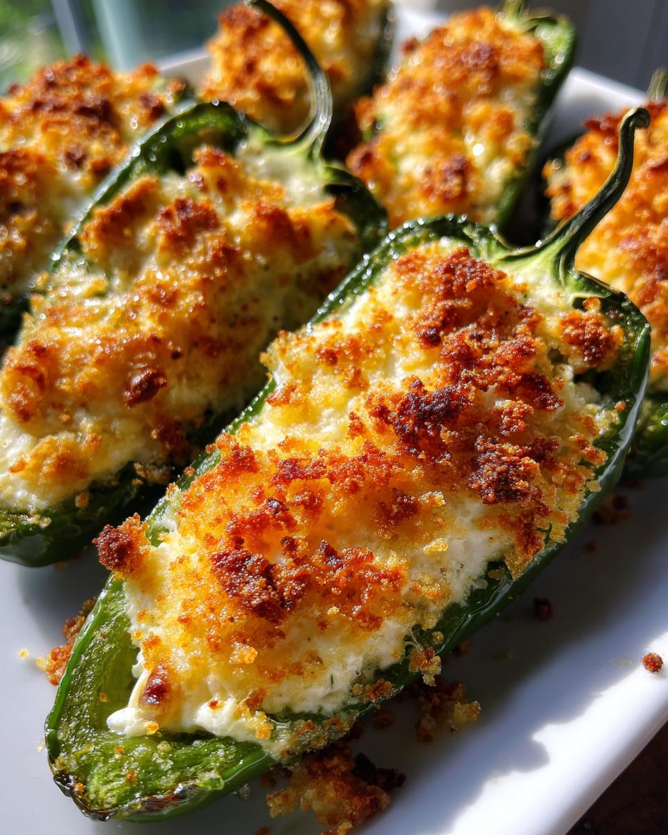 Close-up of baked jalapeño poppers stuffed with cream cheese and topped with golden, crispy breadcrumbs.