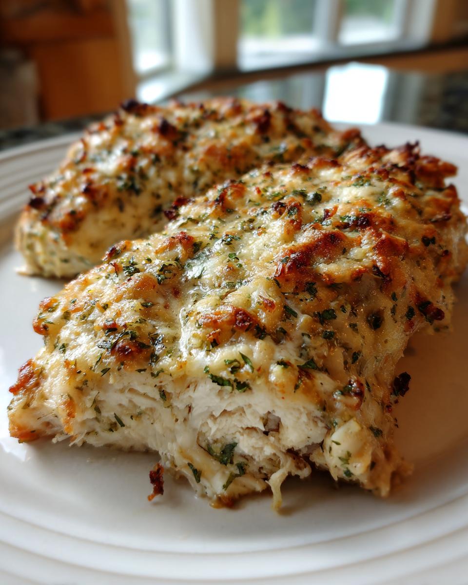 Close-up of two moist baked ranch chicken breasts topped with melted, browned cheese and green herbs.