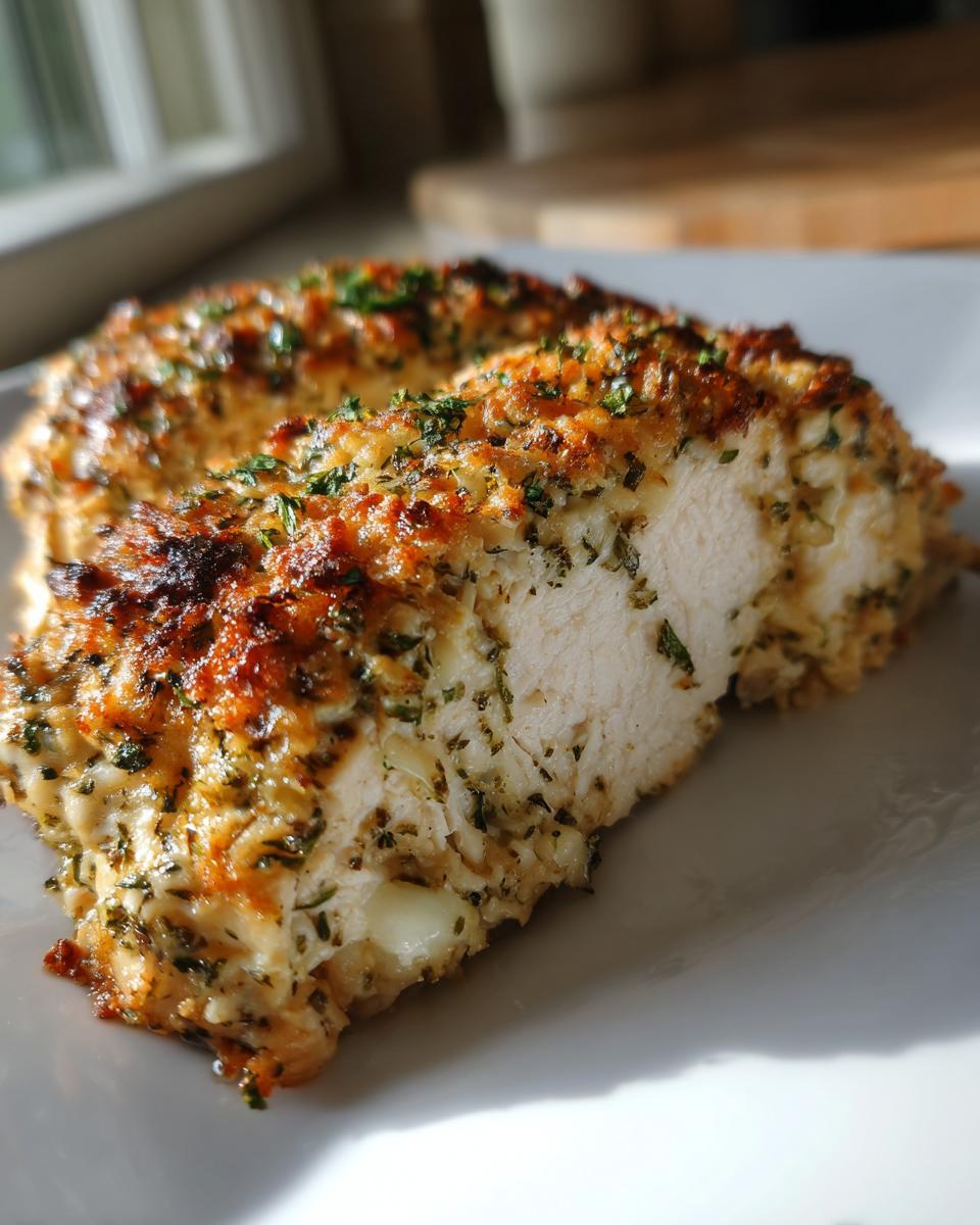 A close-up of a perfectly cooked baked ranch chicken breast, sliced to show moist white meat and a golden, herby crust.