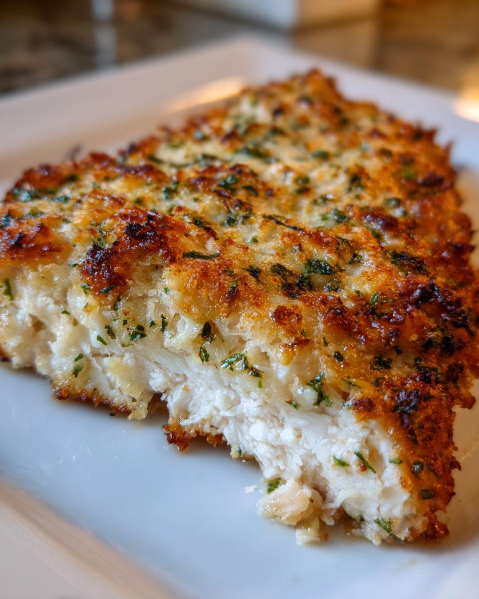 A close-up cross-section of baked ranch chicken showing moist white meat and a golden, herbed crust.