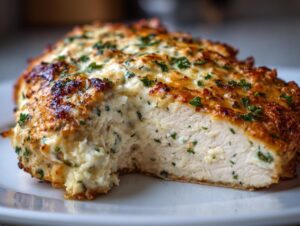 Close-up of a juicy baked ranch chicken breast cut open, showing creamy filling and golden-brown topping.