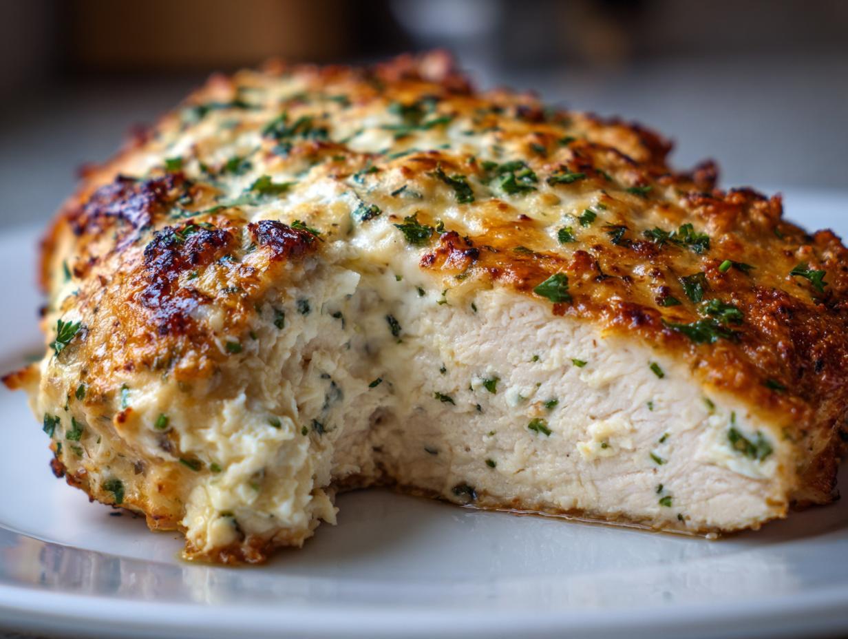 Close-up of a juicy baked ranch chicken breast cut open, showing creamy filling and golden-brown topping.