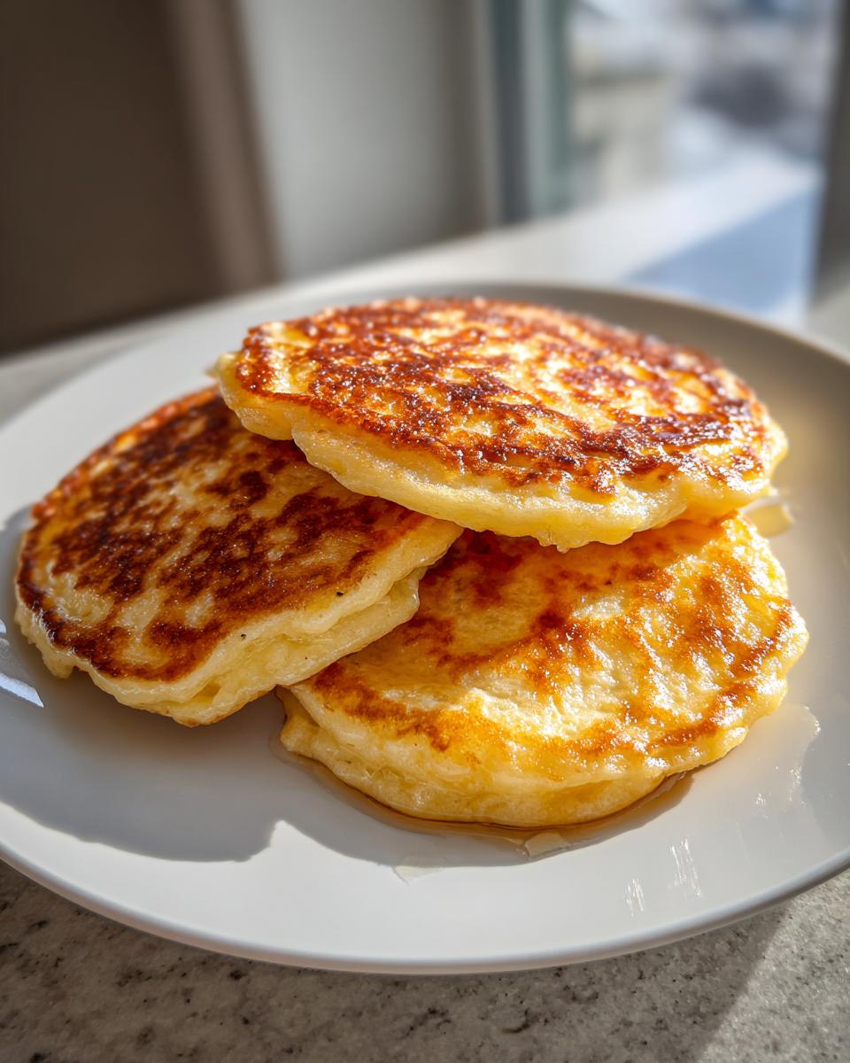 Three golden-brown banana oatmeal pancakes stacked on a white plate, glistening with syrup.