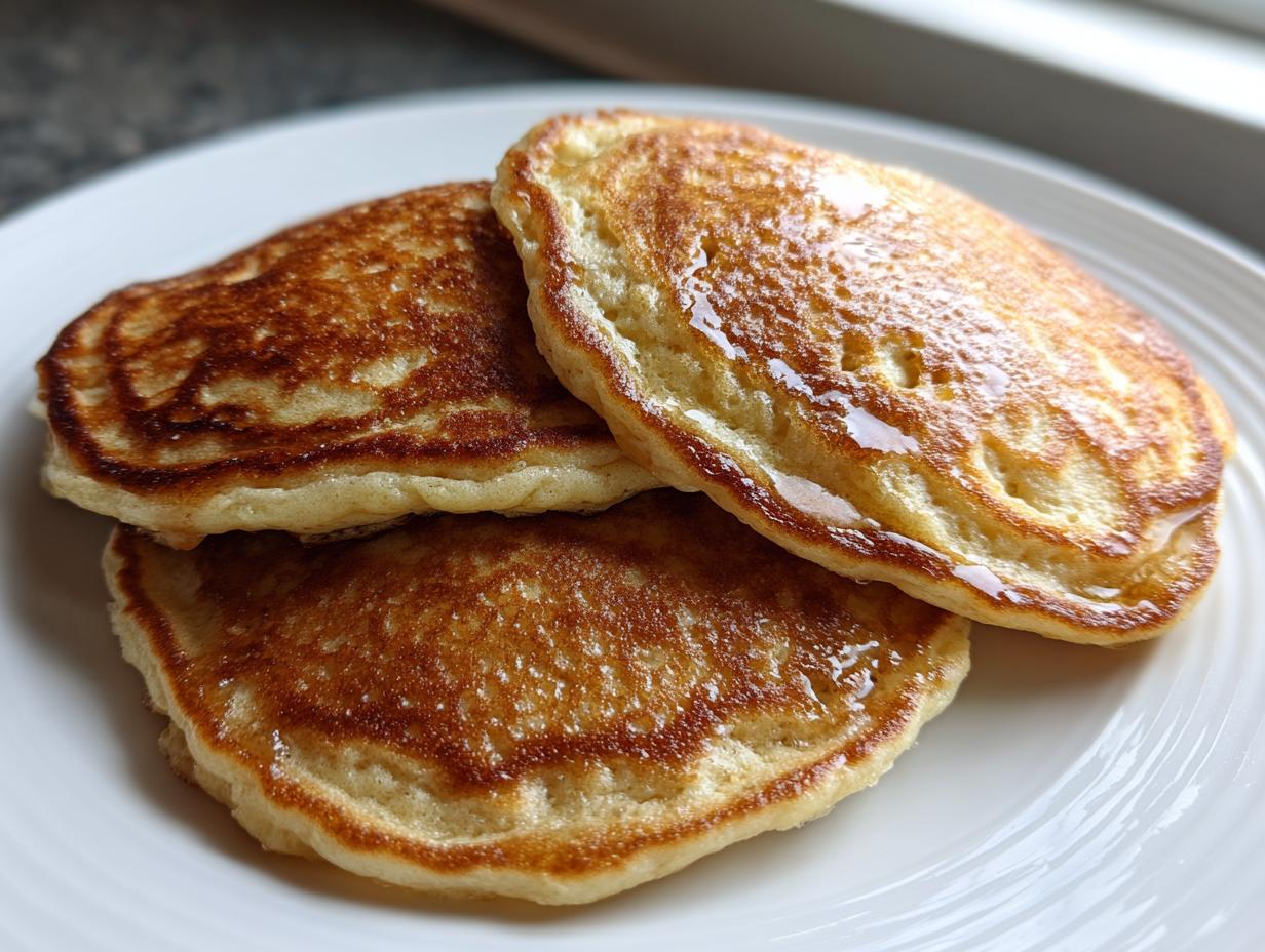 Close-up of three golden brown banana oatmeal pancakes stacked on a white plate, glistening with syrup.