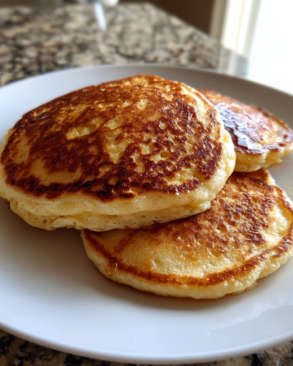 Close-up of three fluffy banana oatmeal pancakes with golden-brown tops served on a white plate.