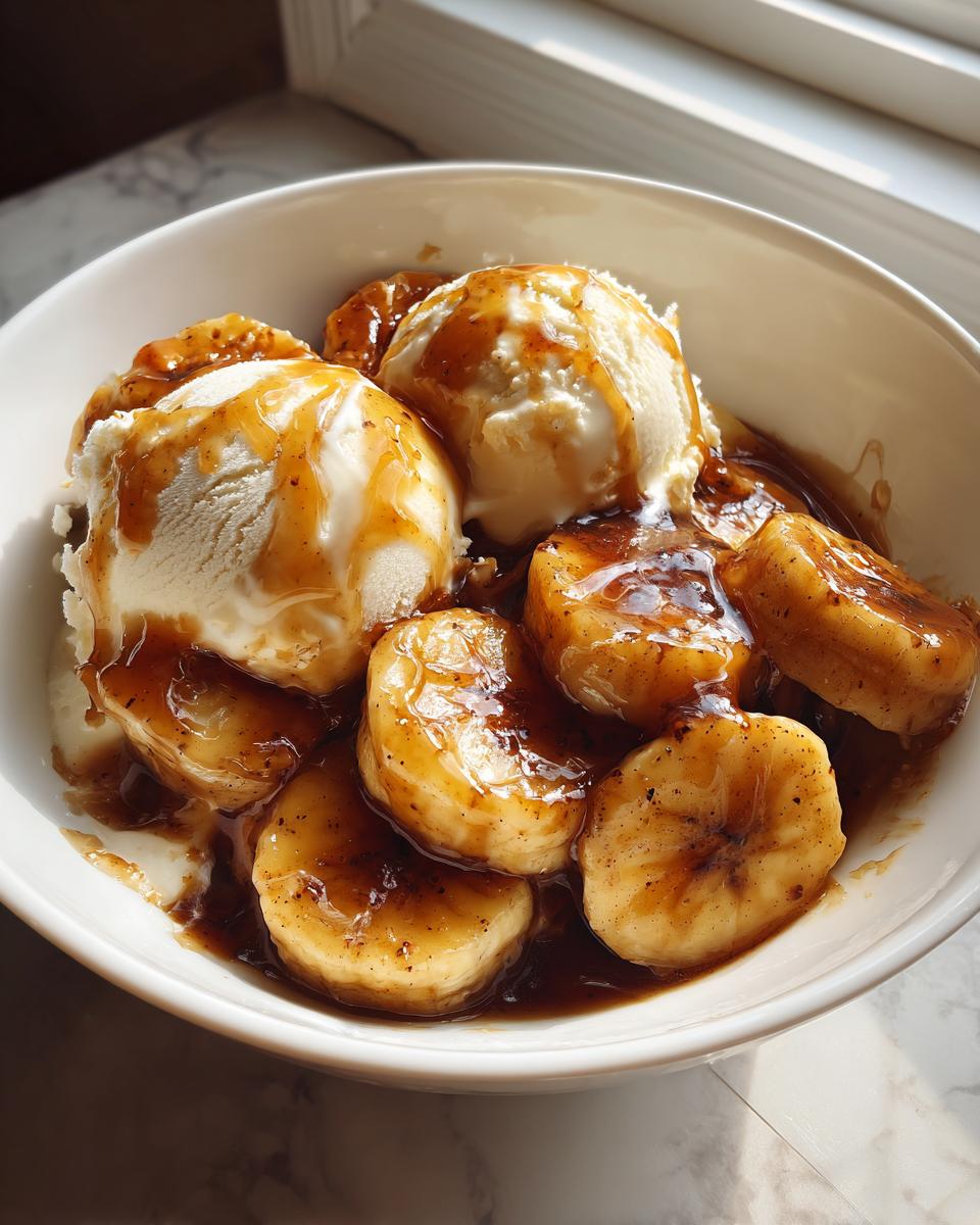 Two scoops of vanilla ice cream topped with warm sauce and caramelized bananas in a bowl of bananas foster.