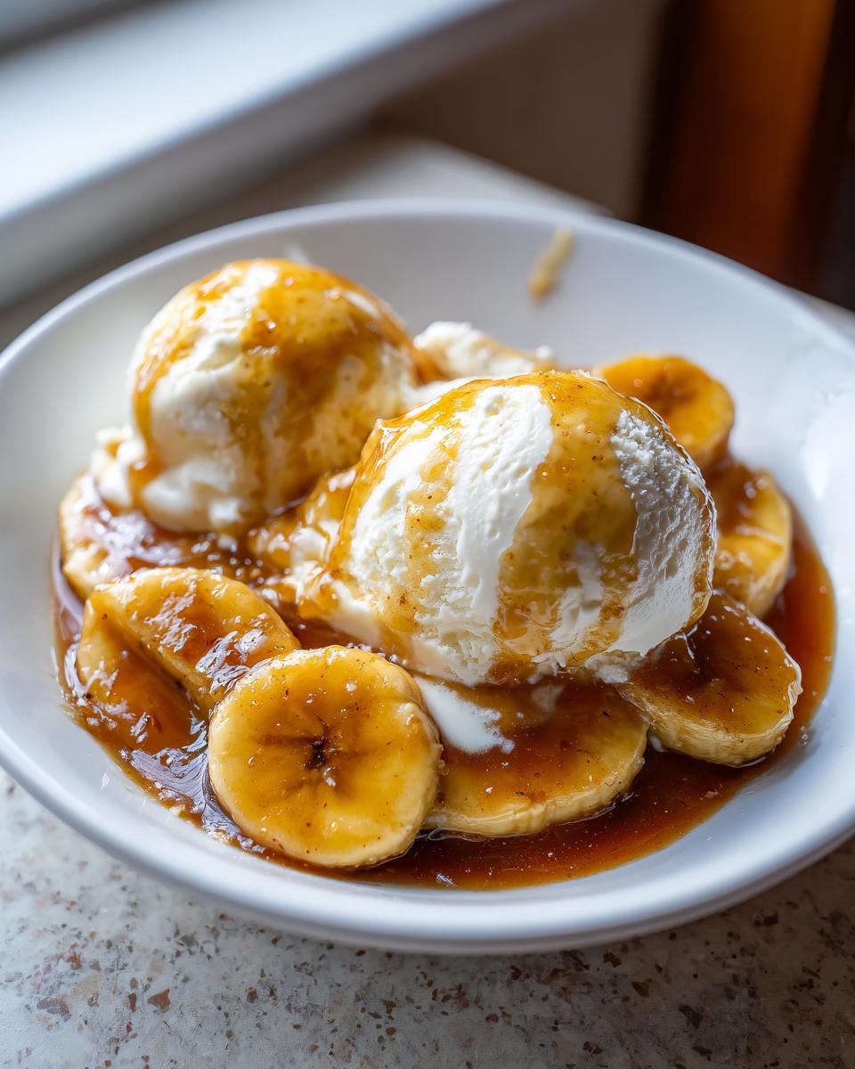 Close-up of two scoops of vanilla ice cream topped with warm caramel sauce and sliced bananas in a white bowl, classic bananas foster.