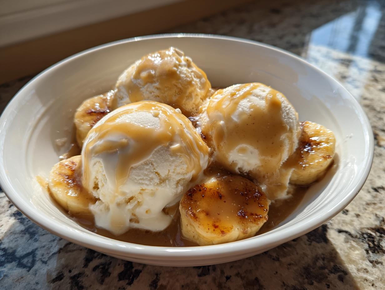 Three scoops of vanilla ice cream topped with caramelized bananas and rich sauce, classic Bananas Foster dessert.