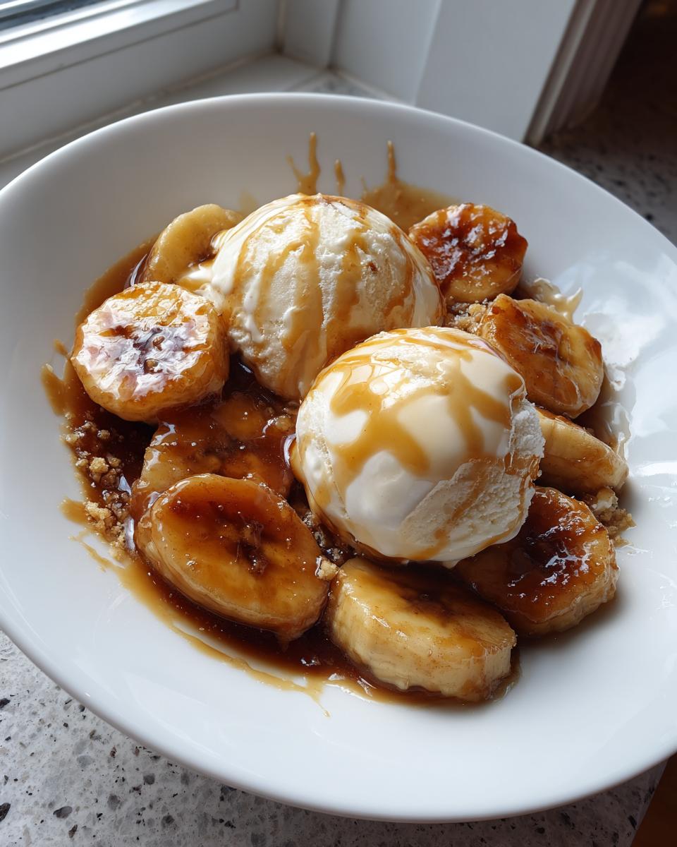 Two scoops of vanilla ice cream topped with caramel sauce served over caramelized bananas, classic Bananas Foster.