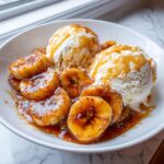 Close-up of caramelized bananas foster slices topped with vanilla ice cream and caramel sauce.