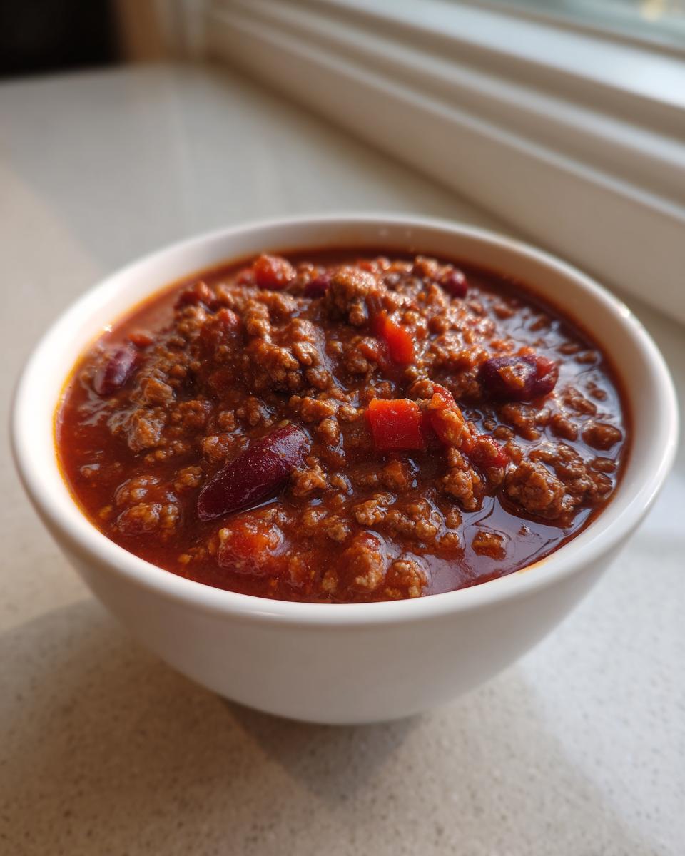 Close-up of a white bowl filled with rich, meaty crockpot chili featuring ground beef and kidney beans.