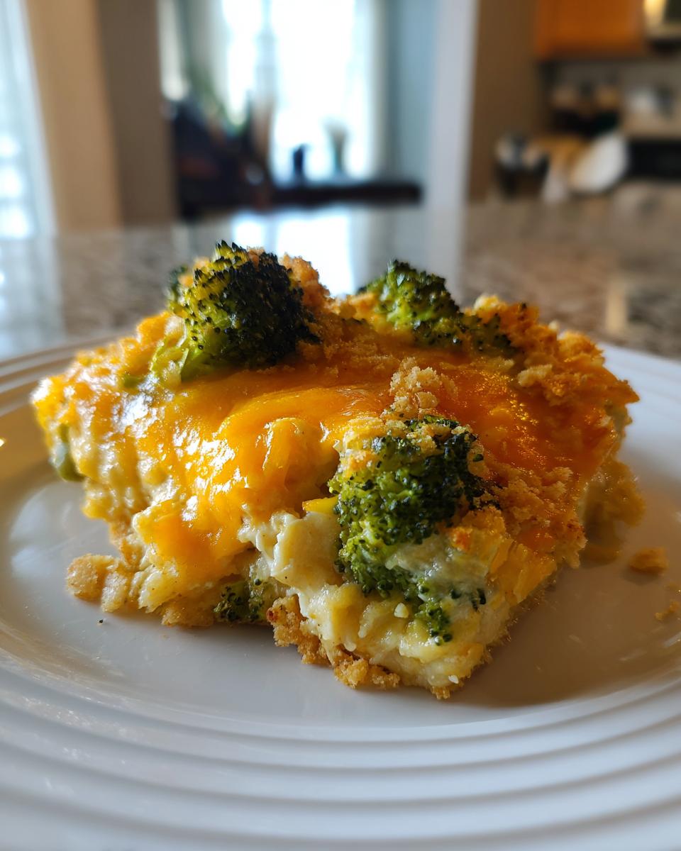 A hearty slice of broccoli casserole topped with melted cheddar cheese and breadcrumbs on a white plate.