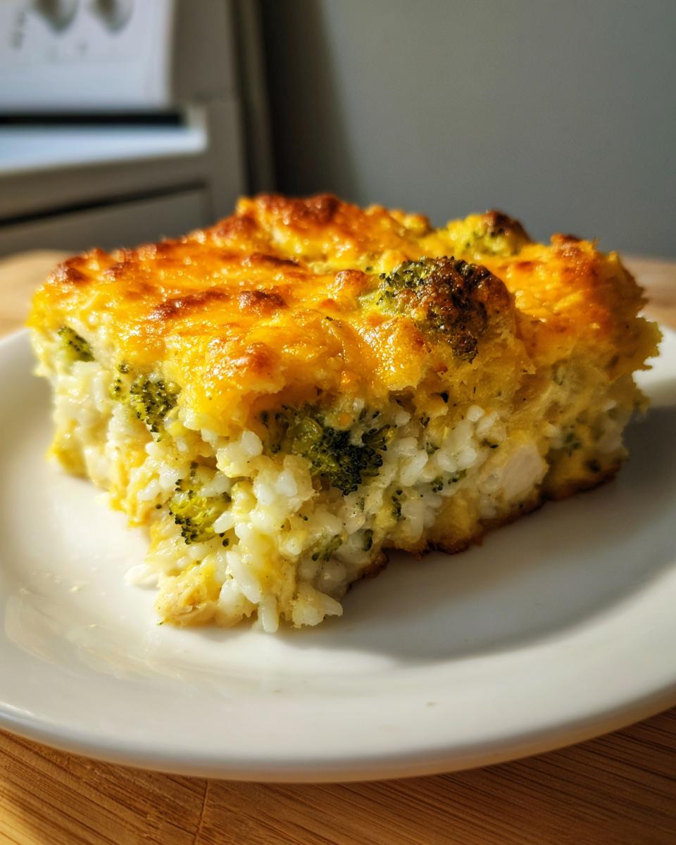 A square serving of creamy broccoli cheese rice casserole with a golden, bubbly baked top, served on a white plate.